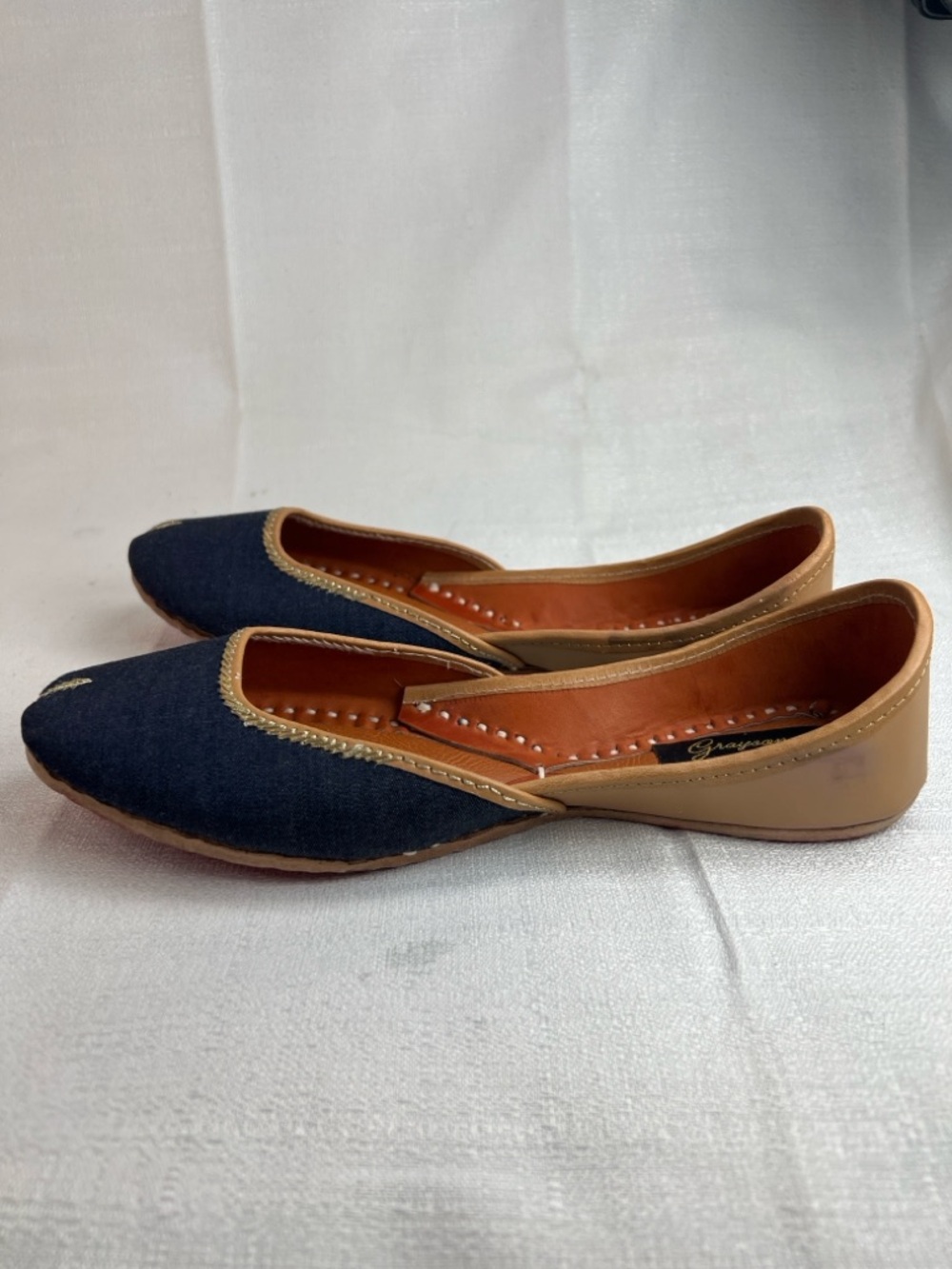 Grayson Monae, boho denim flats handcrafted, all genuine leather - Picture 3 of 8